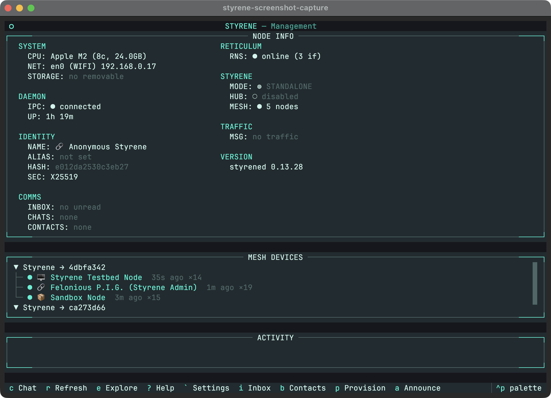 Styrene dashboard showing node info, mesh devices, and activity