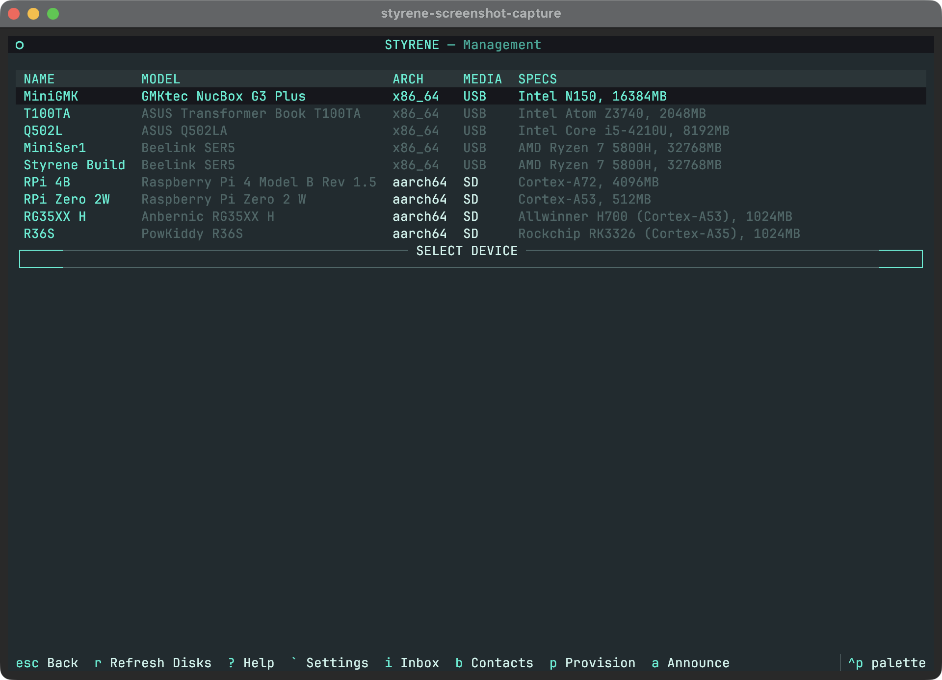 Provision screen with device hardware catalog